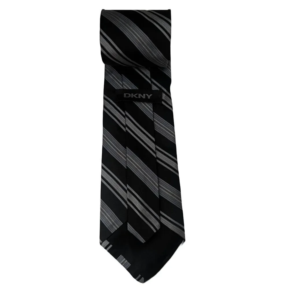 DKNY 100% Silk Designer Tie Black Gray Striped Business‎ Casual Necktie US-Made
